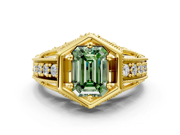 Yellow gold Hexagon Bezel Fancy Green Emerald Cut Diamond Milgrain Split Shank Ring