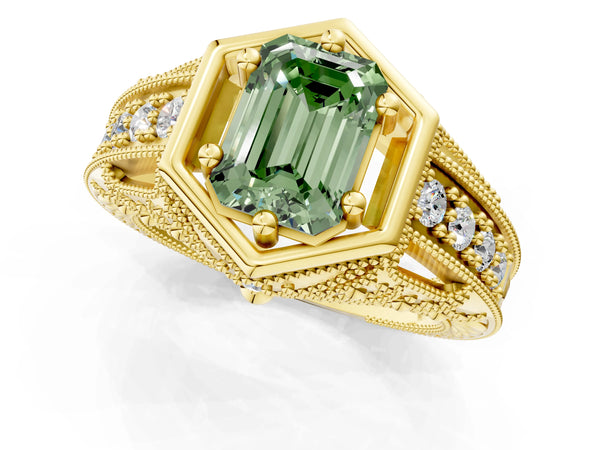 Yellow gold Hexagon Bezel Fancy Green Emerald Cut Diamond Milgrain Split Shank Ring