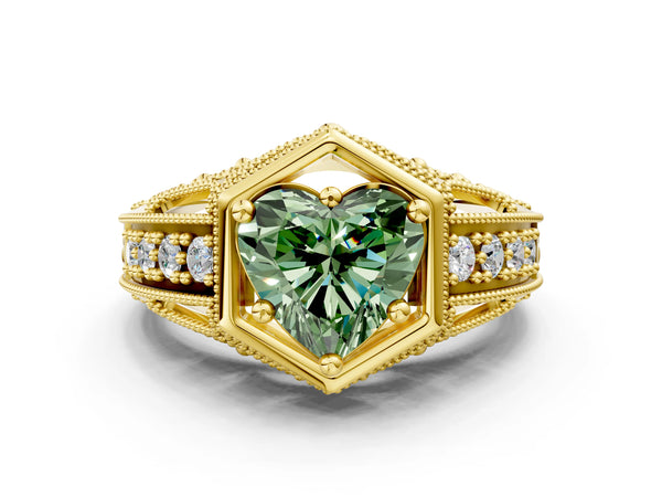 Yellow gold Hexagon Bezel Fancy Green Heart Cut Diamond Milgrain Split Shank Ring