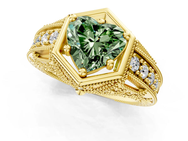 Yellow gold Hexagon Bezel Fancy Green Heart Cut Diamond Milgrain Split Shank Ring