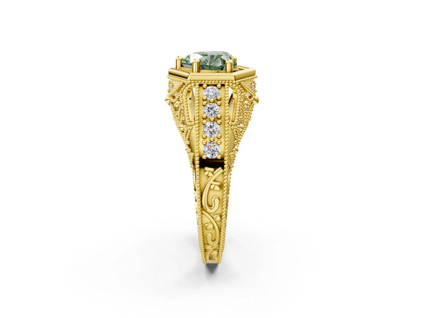 Yellow gold Hexagon Bezel Fancy Green Heart Cut Diamond Milgrain Split Shank Ring
