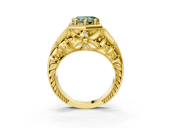 Yellow gold Hexagon Bezel Fancy Green Heart Cut Diamond Milgrain Split Shank Ring
