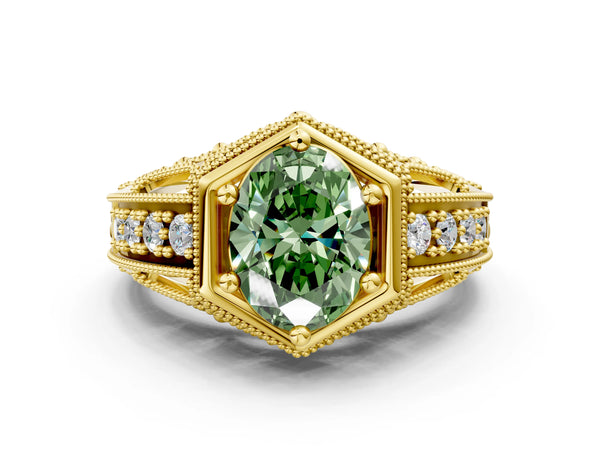 Yellow gold Hexagon Bezel Fancy Green Oval Cut Diamond Milgrain Split Shank Ring
