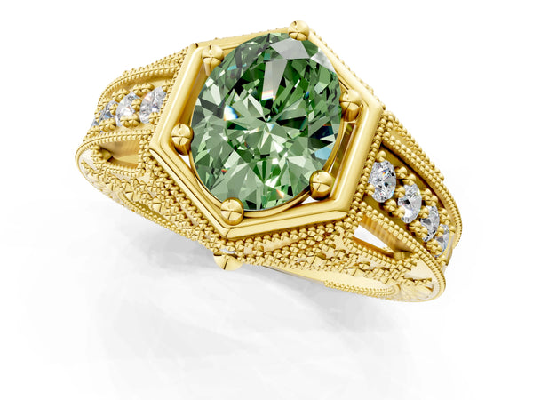 Yellow gold Hexagon Bezel Fancy Green Oval Cut Diamond Milgrain Split Shank Ring