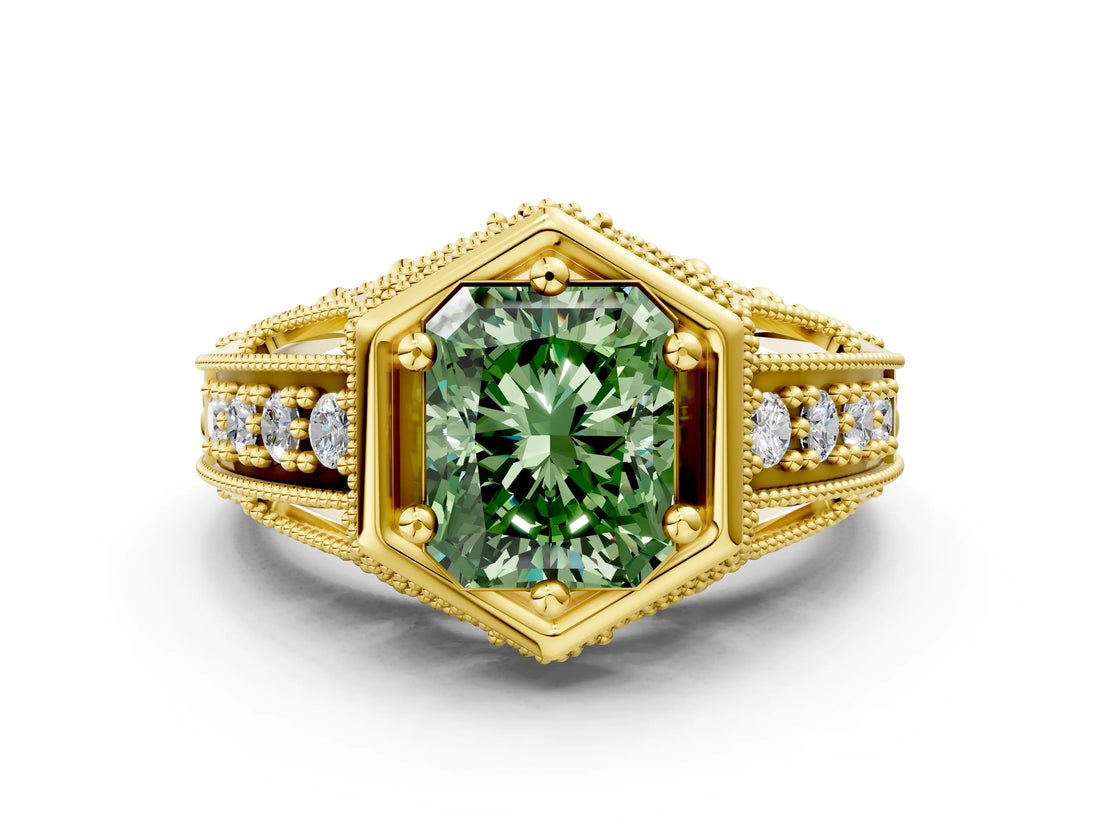 Yellow gold Hexagon Bezel Fancy Green Radiant Cut Diamond Milgrain Split Shank Ring