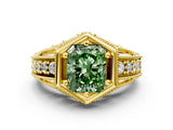 Yellow gold Hexagon Bezel Fancy Green Radiant Cut Diamond Milgrain Split Shank Ring