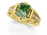 Yellow gold Hexagon Bezel Fancy Green Radiant Cut Diamond Milgrain Split Shank Ring_1