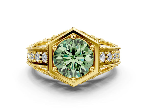Yellow gold Hexagon Bezel Fancy Green Round Cut Diamond Milgrain Split Shank Ring