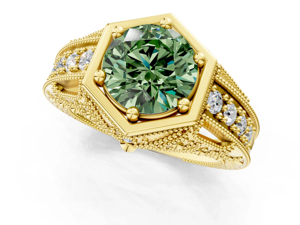 Yellow gold Hexagon Bezel Fancy Green Round Cut Diamond Milgrain Split Shank Ring
