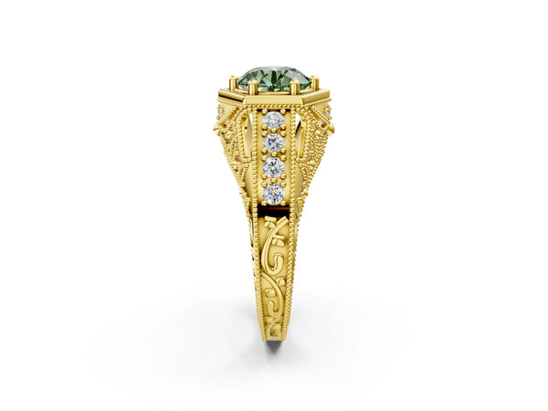 Yellow gold Hexagon Bezel Fancy Green Round Cut Diamond Milgrain Split Shank Ring
