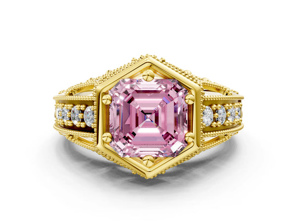 Yellow gold Hexagon Bezel Fancy Pink Asscher Cut Diamond Milgrain Split Shank Ring
