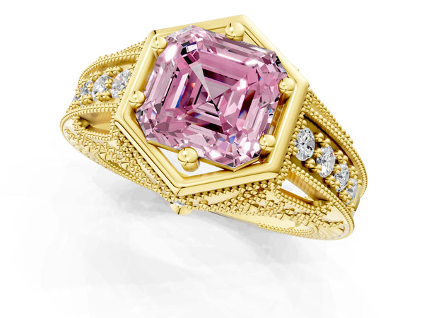 Yellow gold Hexagon Bezel Fancy Pink Asscher Cut Diamond Milgrain Split Shank Ring