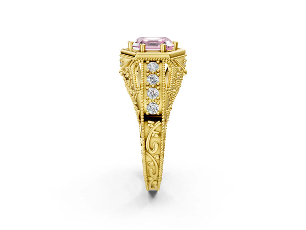 Yellow gold Hexagon Bezel Fancy Pink Asscher Cut Diamond Milgrain Split Shank Ring
