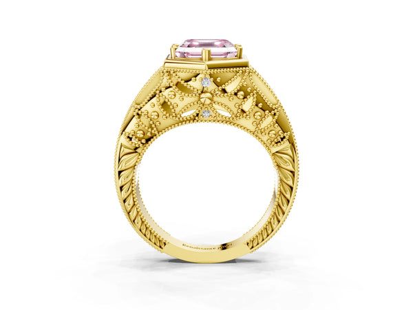 Yellow gold Hexagon Bezel Fancy Pink Asscher Cut Diamond Milgrain Split Shank Ring