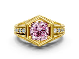 Yellow gold Hexagon Bezel Fancy Pink Cushion Cut Diamond Milgrain Split Shank Ring