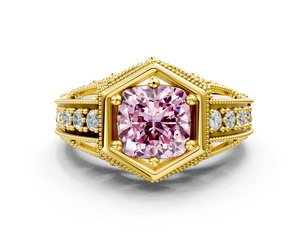 Yellow gold Hexagon Bezel Fancy Pink Cushion Cut Diamond Milgrain Split Shank Ring