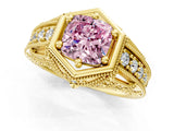Yellow gold Hexagon Bezel Fancy Pink Cushion Cut Diamond Milgrain Split Shank Ring_1