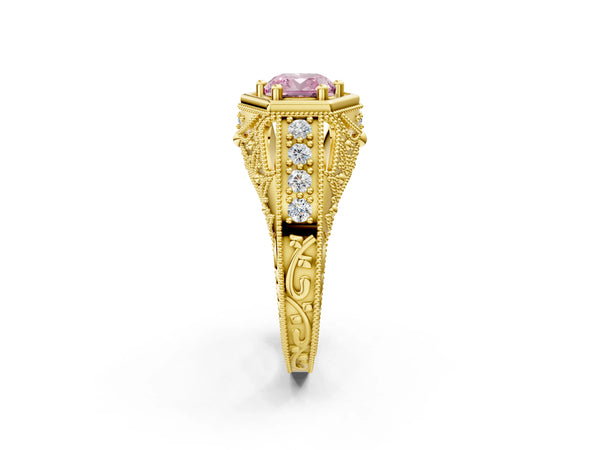 Yellow gold Hexagon Bezel Fancy Pink Cushion Cut Diamond Milgrain Split Shank Ring