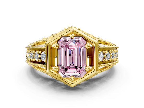 Yellow gold Hexagon Bezel Fancy Pink Emerald Cut Diamond Milgrain Split Shank Ring