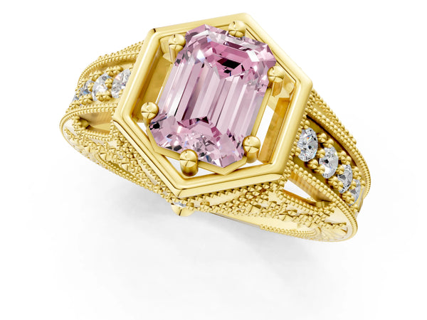 Yellow gold Hexagon Bezel Fancy Pink Emerald Cut Diamond Milgrain Split Shank Ring