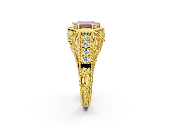 Yellow gold Hexagon Bezel Fancy Pink Emerald Cut Diamond Milgrain Split Shank Ring