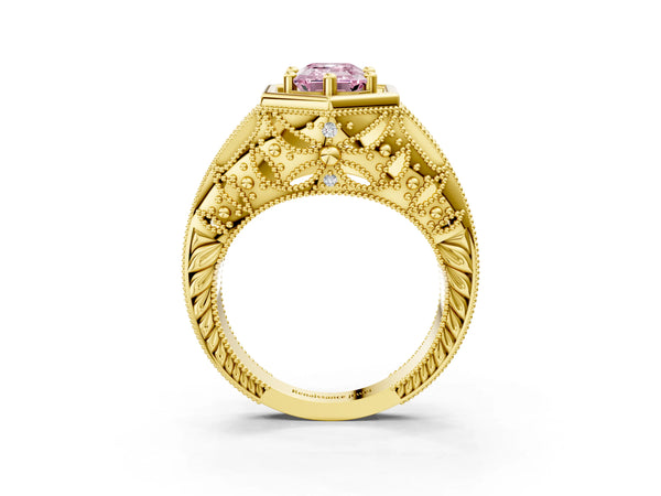 Yellow gold Hexagon Bezel Fancy Pink Emerald Cut Diamond Milgrain Split Shank Ring