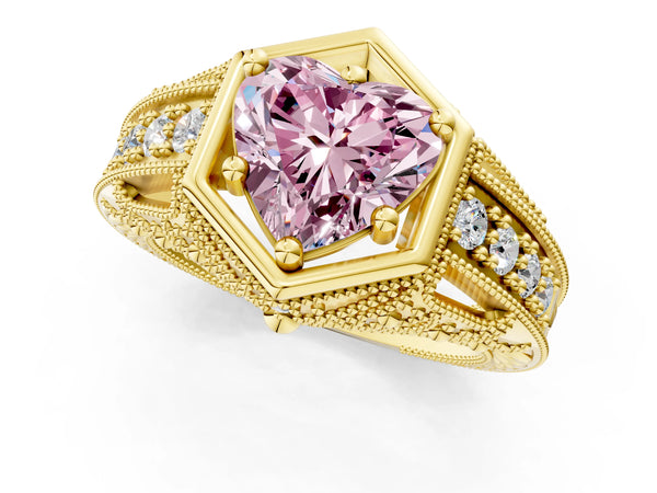 Yellow gold Hexagon Bezel Fancy Pink Heart Cut Diamond Milgrain Split Shank Ring