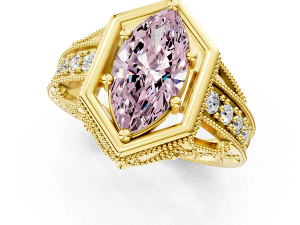 Yellow gold Hexagon Bezel Fancy Pink Marquise Cut Diamond Milgrain Split Shank Ring