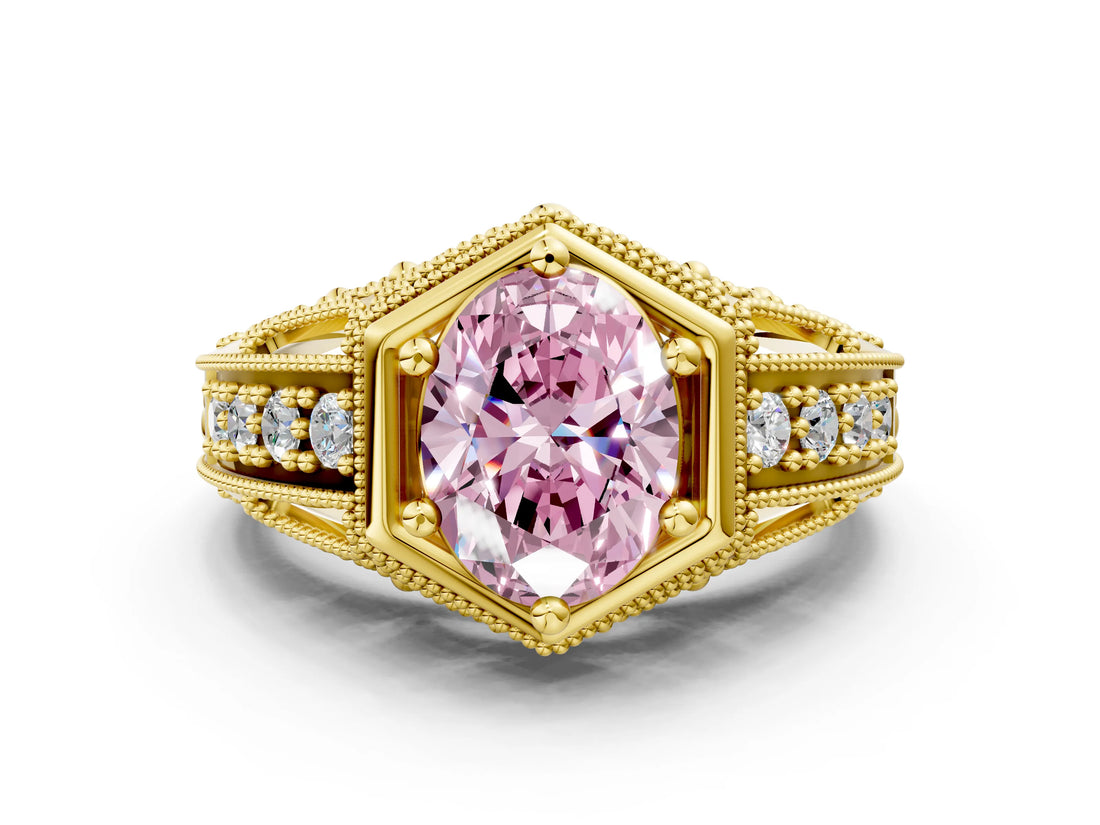 Yellow gold Hexagon Bezel Fancy Pink Oval Cut Diamond Milgrain Split Shank Ring