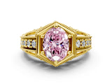 Yellow gold Hexagon Bezel Fancy Pink Oval Cut Diamond Milgrain Split Shank Ring