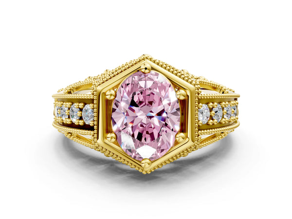 Yellow gold Hexagon Bezel Fancy Pink Oval Cut Diamond Milgrain Split Shank Ring