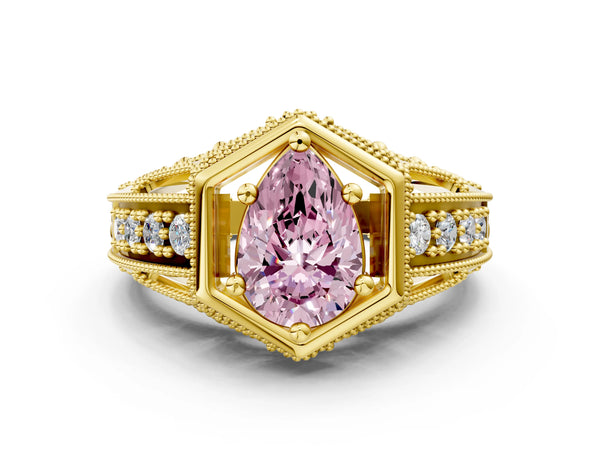 Yellow gold Hexagon Bezel Fancy Pink Pear Cut Diamond Milgrain Split Shank Ring