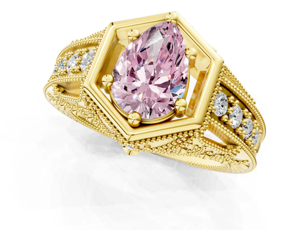 Yellow gold Hexagon Bezel Fancy Pink Pear Cut Diamond Milgrain Split Shank Ring