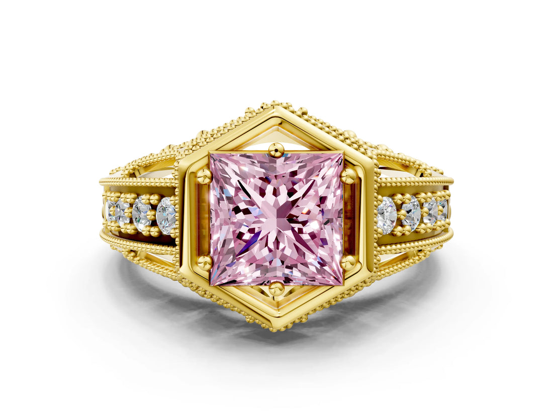 Yellow gold Hexagon Bezel Fancy Pink Princess Cut Diamond Milgrain Split Shank Ring