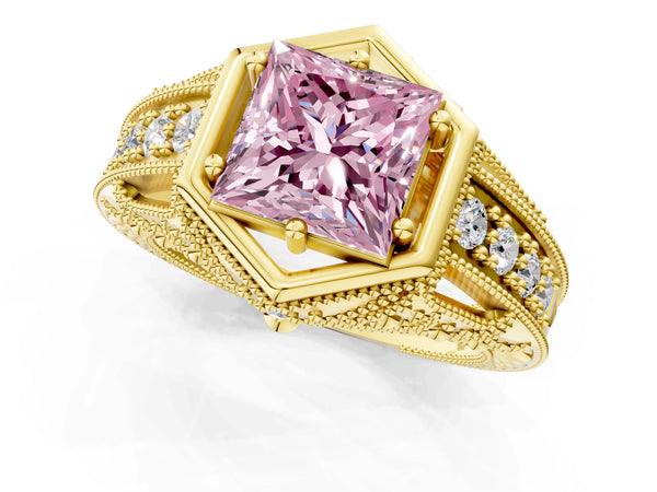 Yellow gold Hexagon Bezel Fancy Pink Princess Cut Diamond Milgrain Split Shank Ring