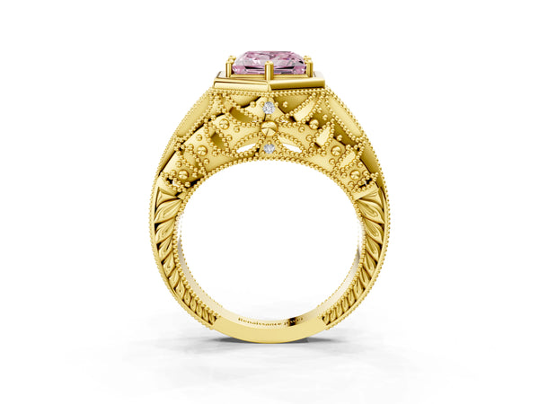 Yellow gold Hexagon Bezel Fancy Pink Princess Cut Diamond Milgrain Split Shank Ring