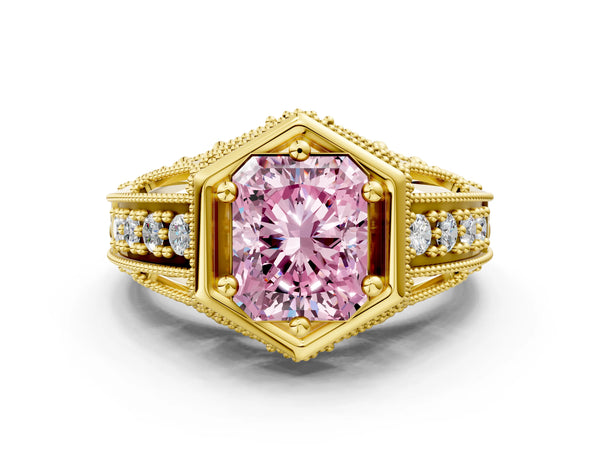 Yellow gold Hexagon Bezel Fancy Pink Radiant Cut Diamond Milgrain Split Shank Ring