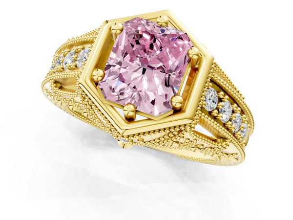 Yellow gold Hexagon Bezel Fancy Pink Radiant Cut Diamond Milgrain Split Shank Ring