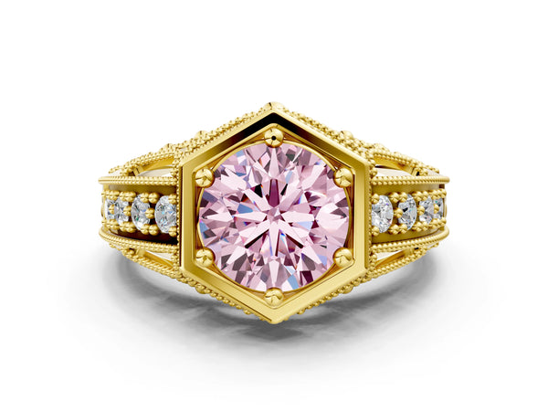 Yellow gold Hexagon Bezel Fancy Pink Round Cut Diamond Milgrain Split Shank Ring