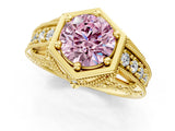 Yellow gold Hexagon Bezel Fancy Pink Round Cut Diamond Milgrain Split Shank Ring_49