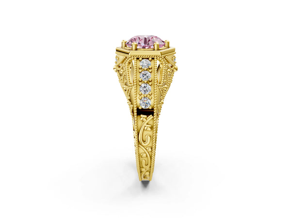 Yellow gold Hexagon Bezel Fancy Pink Round Cut Diamond Milgrain Split Shank Ring