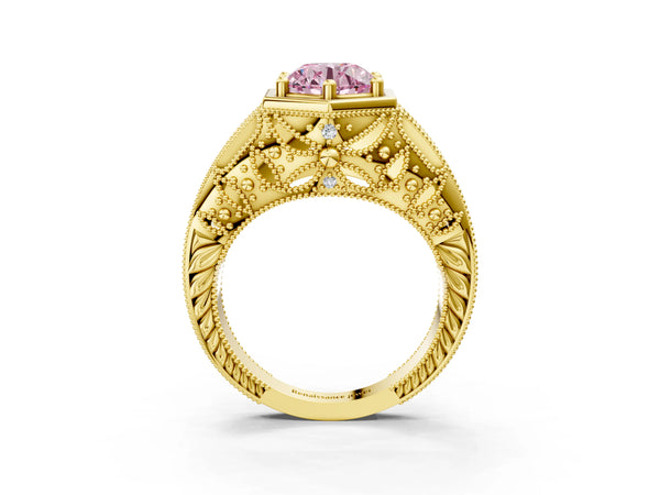 Yellow gold Hexagon Bezel Fancy Pink Round Cut Diamond Milgrain Split Shank Ring