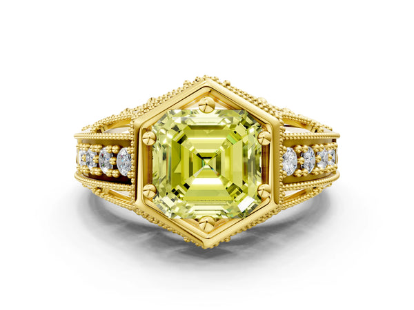 Yellow gold Hexagon Bezel Fancy Yellow Asscher Cut Diamond Milgrain Split Shank Ring