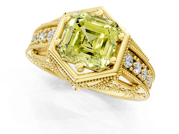 Yellow gold Hexagon Bezel Fancy Yellow Asscher Cut Diamond Milgrain Split Shank Ring