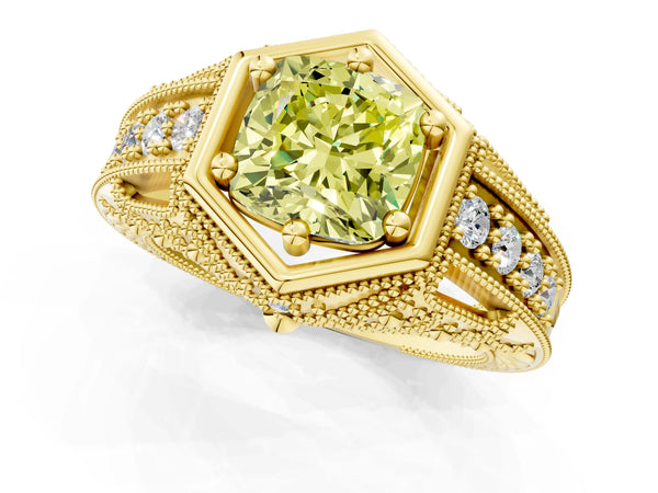 Yellow gold Hexagon Bezel Fancy Yellow Cushion Cut Diamond Milgrain Split Shank Ring