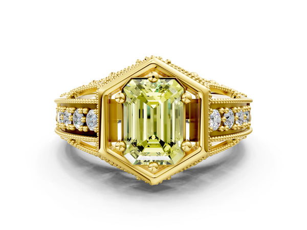 Yellow gold Hexagon Bezel Fancy Yellow Emerald Cut Diamond Milgrain Split Shank Ring