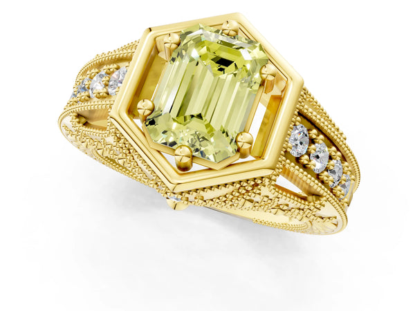 Yellow gold Hexagon Bezel Fancy Yellow Emerald Cut Diamond Milgrain Split Shank Ring