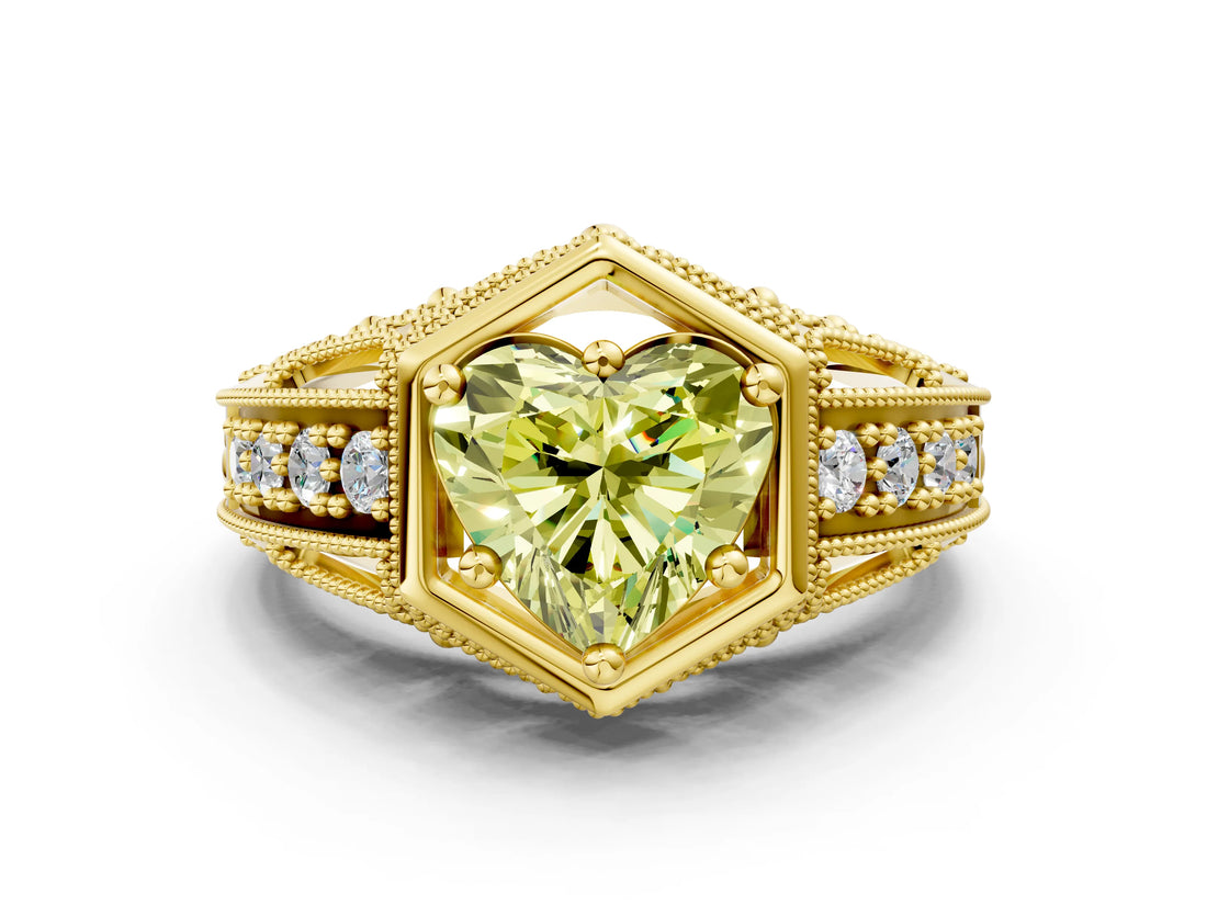 Yellow gold Hexagon Bezel Fancy Yellow Heart Cut Diamond Milgrain Split Shank Ring