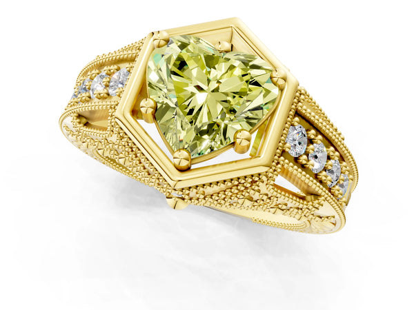 Yellow gold Hexagon Bezel Fancy Yellow Heart Cut Diamond Milgrain Split Shank Ring