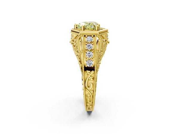 Yellow gold Hexagon Bezel Fancy Yellow Heart Cut Diamond Milgrain Split Shank Ring